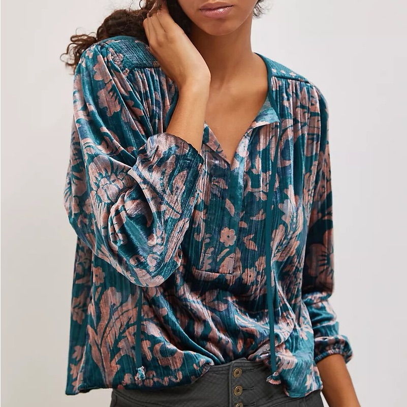 Anthropologie Nwt Faustine Velvet Peasant Blouse Blue And Pink - Xs